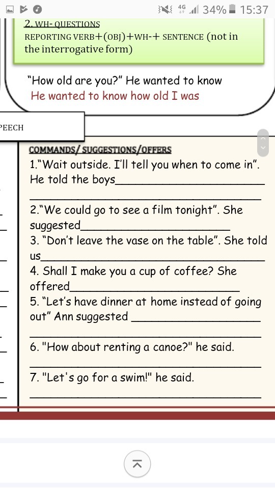 Put the following sentences into reported speech. Reported Speech sentences. . Make the following sentences interrogative:. The following sentence is not valid Window.