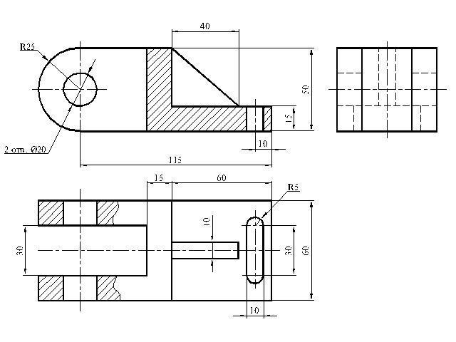Мм на чертеже. Местный разрез сквозного отверстия. Вилка чертёж Инженерная Графика. Чертеж детали со сквозным отверстием. Черчение отверстия в разрезе.