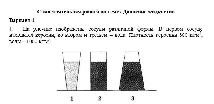 В три сосуда разной формы стоящие на горизонтальной поверхности стола налита вода до одного